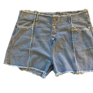 Womens High Waisted Denim Shorts Light Wash Button Fly Frayed Raw‎ Hem Blue
